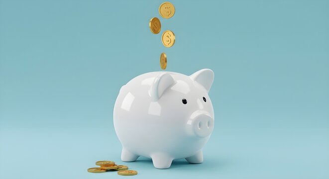 Monedas que caen al cerdito blanco ahorrando, concepto financiero y de dep&oacute;sito de dinero.