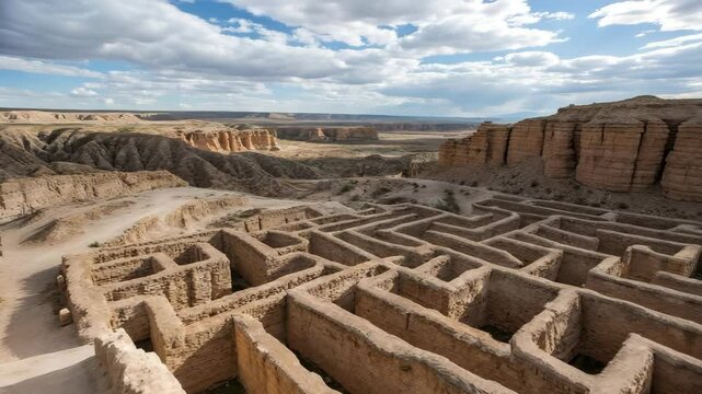 An ancient labyrinthine structure made of stone sits in a rugged, arid desert landscape under a partly cloudy sky.