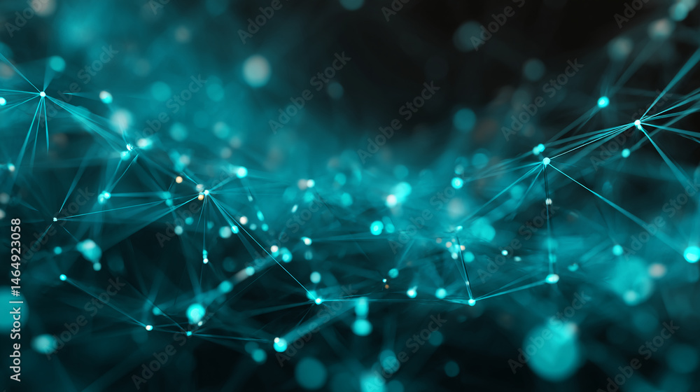 Poster abstract teal network, glowing nodes and lines create a connection visualization, symbolizing techno