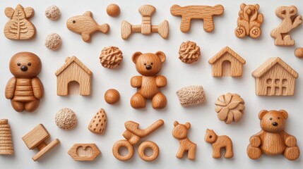 A cozy image of wooden toys arranged in a storybook pattern on a light background, leaving space for text 