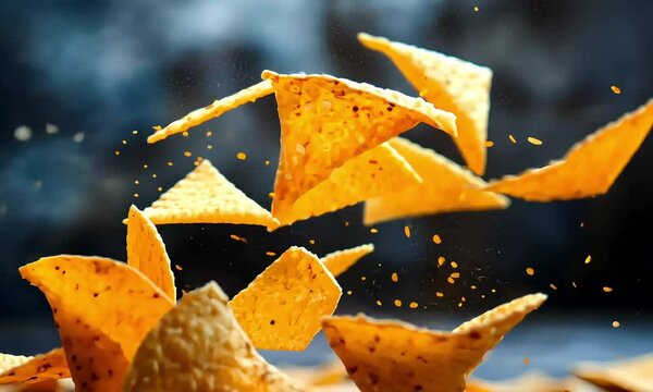 Dynamic food still life, golden tortilla chips in vibrant mid-air suspension
