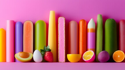Assortment of Colorful Cylindrical Objects and Fruit Against Pink Background