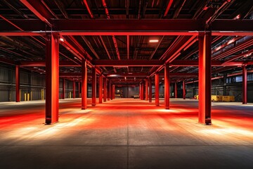 Empty industrial warehouse interior illuminated by red lights.