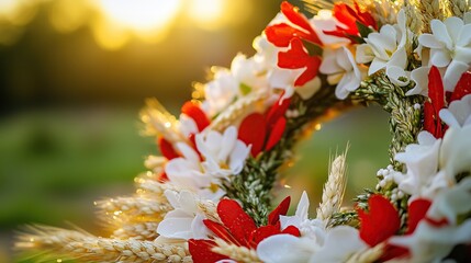 Traditional white-red-white floral wreath with wheat stalks, symbolizing Belarusian heritage and national pride under summer light.