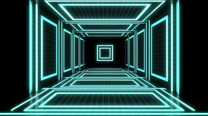 Bright cyan blue background with neon geometric patterns and light effects adding depth and energy