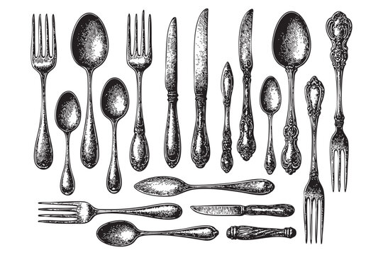 spoon and fork set woodcut engraving vector illustration