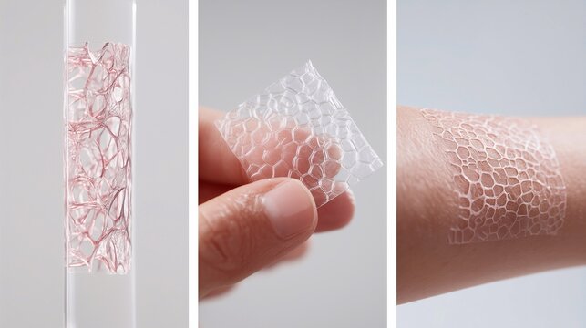 Synthetic skin patch prototype for medical use, shown in lab testing, hand inspection, and skin application. Innovative artificial tissue for wound healing and regeneration.