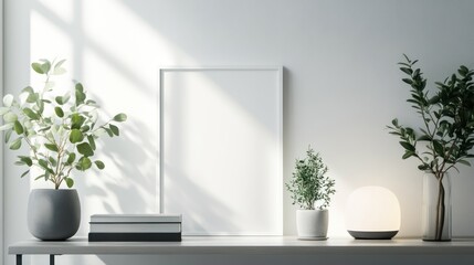 Minimalist home office mockup, sunlight, plants, blank frame