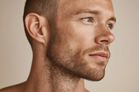 Close-up portrait of young caucasian male with beard and blue eyes