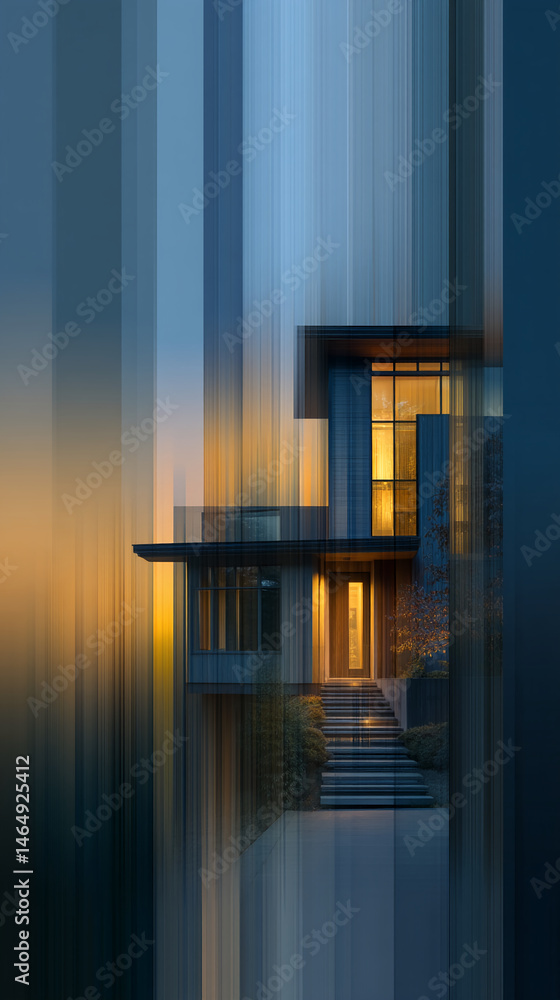 Poster modern house at sunset, depicted with vertical lines creating an abstract effect, showcasing contemp