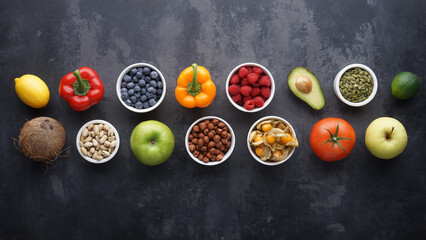 Healthy eating ingredients: fresh vegetables, fruits and superfood. Clean eating and detox. Nutrition, diet, vegan food.