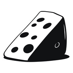 A stylized, black and white graphic illustration of a wedge of cheese with holes.