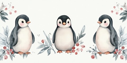Fototapeta premium Whimsical watercolor pattern featuring penguins, berries, and leaves