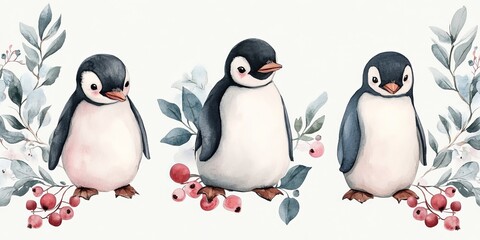Fototapeta premium Whimsical watercolor pattern featuring penguins, berries, and leaves