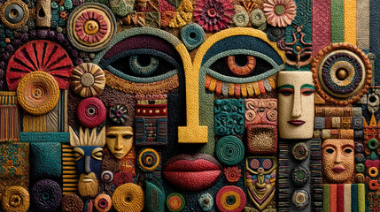 Fototapeta premium Artwork depicts vibrant mosaic of various shapes, colors, and textures, showcasing intricate designs and faces that evoke sense of cultural richness and artistic expression
