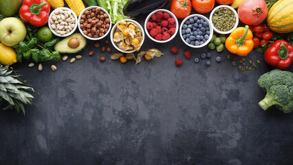 Healthy eating ingredients: fresh vegetables, fruits and superfood. Clean eating and detox. Nutrition, diet, vegan food.