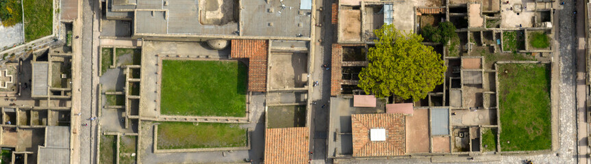 Zenithal aerial view of the archaeological area of the excavations of Herculaneum. There are ruins...