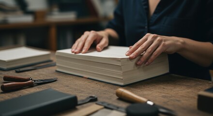 Person working on a book with tools on a wooden table.
