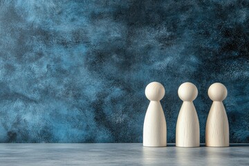Three simple wooden figurines stand in a row against a textured dark blue background