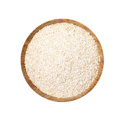 Superfood product. Oat powder in bowl isolated on white, top view