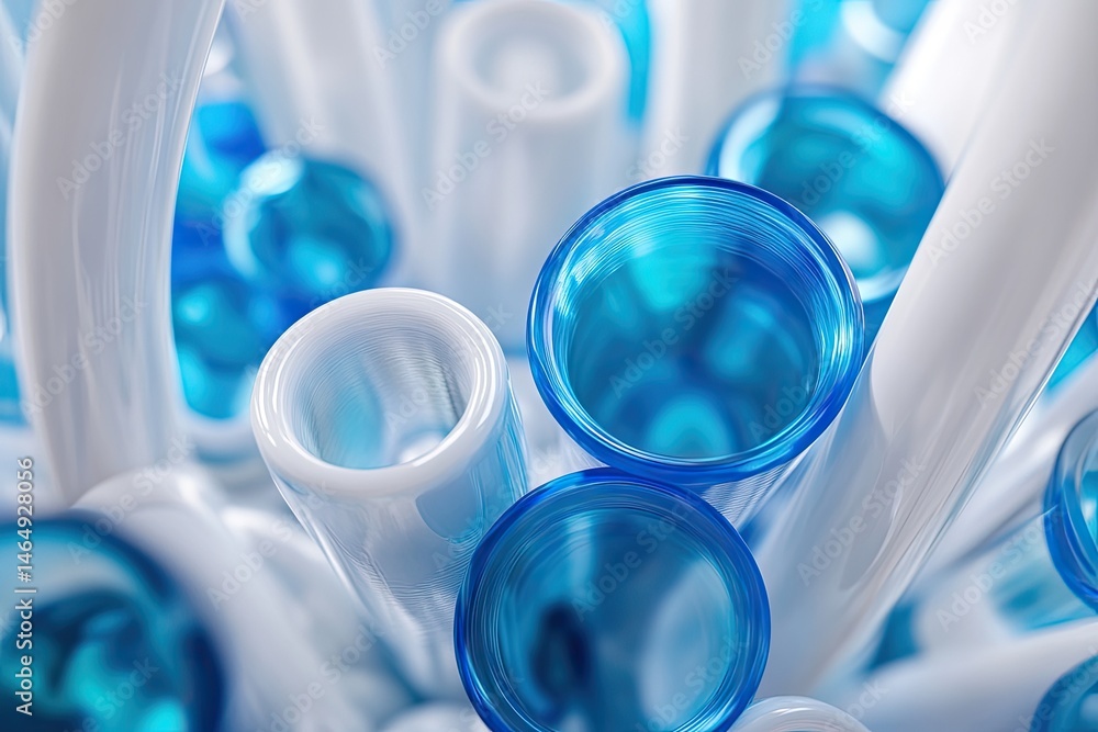 Poster abstract close-up of interconnected tubes in white and vibrant blue. intricate design with circular 