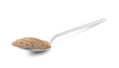 Superfood product. Flaxseed powder in spoon isolated on white