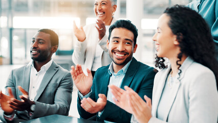 Clapping hands, happy and business people in office with presentation for achievement, meeting or...
