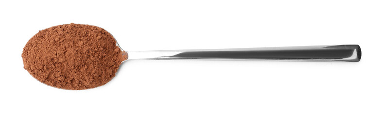Superfood. Cacao powder in spoon isolated on white, top view