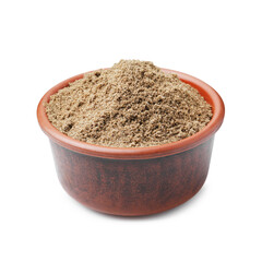 Superfood. Chia seeds powder in bowl isolated on white