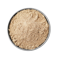 Superfood. Chia seeds powder in bowl isolated on white, top view