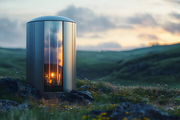 A futuristic small modular reactor (SMR) installation site, clean minimalistic design, studio lighting emphasizing reactor housing, blurred green landscape for background