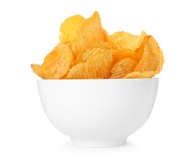 Tasty potato chips in bowl isolated on white