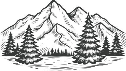 Rustic engraved sketch of a mountain range with pine trees in vintage contour line style for outdoor and nature-themed design

