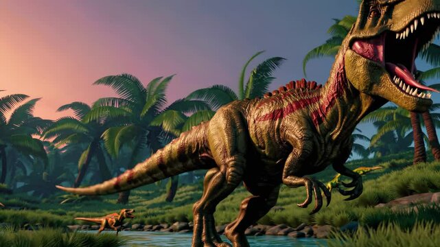 Ferocious dinosaur running through tropical jungle at sunset

