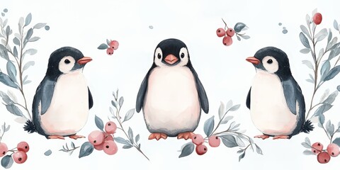 Fototapeta premium Whimsical watercolor pattern featuring penguins, berries, and leaves