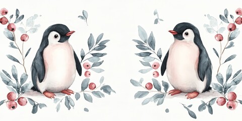 Obraz premium Whimsical watercolor pattern featuring penguins, berries, and leaves
