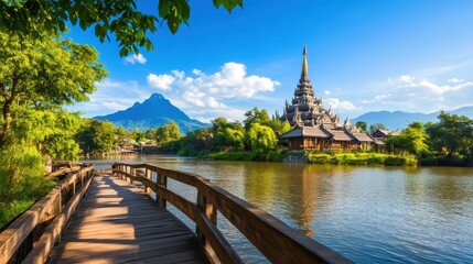 Serene Lakeside Temple with Wooden Footbridge Lush Greenery and Majestic Mountain Backdrop under a Vivid Blue Sky