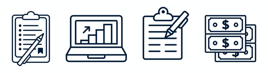 Business Illustration Icon Set Featuring Clipboard, Laptop with Graphs, Documents, and Currency Illustrations for Financial Planning