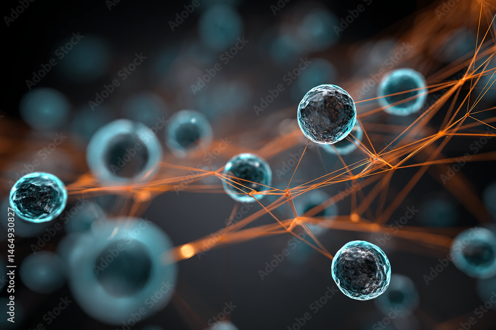 Poster abstract image of interconnected blue spheres and orange lines, suggesting a network or cellular str