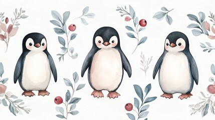 Obraz premium Whimsical watercolor pattern featuring penguins, berries, and leaves