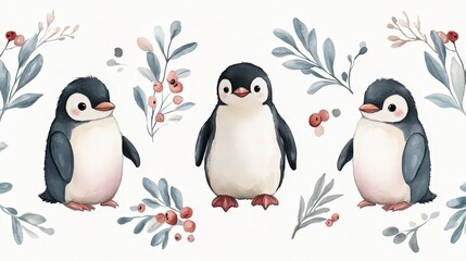 Obraz premium Whimsical watercolor pattern featuring penguins, berries, and leaves