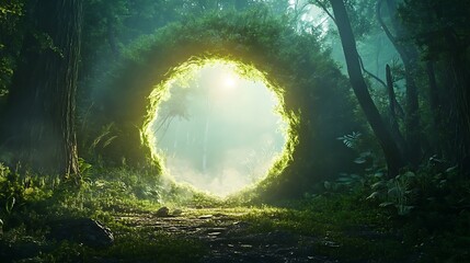 Luminous portal in forest scene