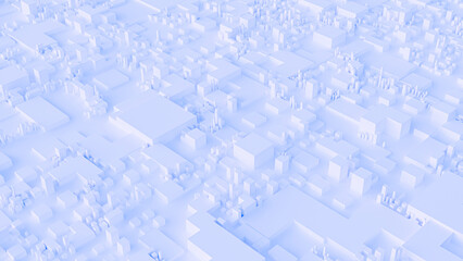 Miniature urban landscape with a dense cluster of white cubic buildings arranged in a complex grid pattern, casting soft shadows. The scene conveys an abstract city model