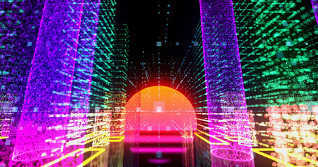 Moving Through neon Digital Developed City With symbols and Grids and big sunset. Technology and Business related 4K animation.