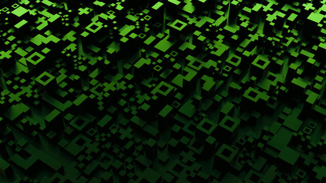 Abstract digital design with intricate black and green geometric patterns resembling a 3D terrain made of cubes. The image showcases varying sizes and depths, creating a complex texture