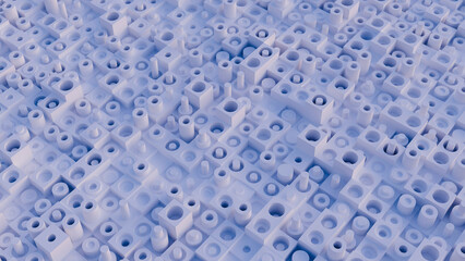 Blue-toned abstract pattern composed of interlocking rectangular and cylindrical blocks, creating a textured surface with depth. Light casts subtle shadows, enhancing the intricate design