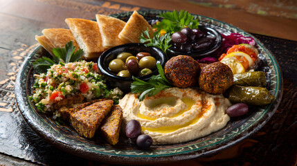 Luxurious Vegan Mezze Platter with Hummus, Falafel, Dolmas, Olives, Tabbouleh, and Pita Triangles (AI Image)