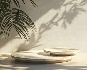 Beige display podium with natural light and shadows.  Two circular, stacked platforms, a light beige color, sit on a light beige surface.  Palm leaves cast shadows