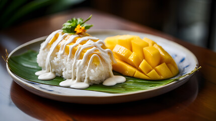 Thai Mango Sticky Rice with Coconut Cream and Ripe Mango Slices in a Tropical Ambience (AI Image)