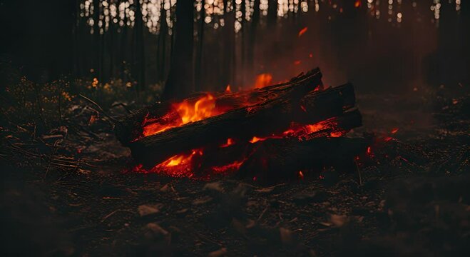 Smoldering embers from a bonfire on a black background Burning bonfire in the night forest Tourist hiking nature futage 4K